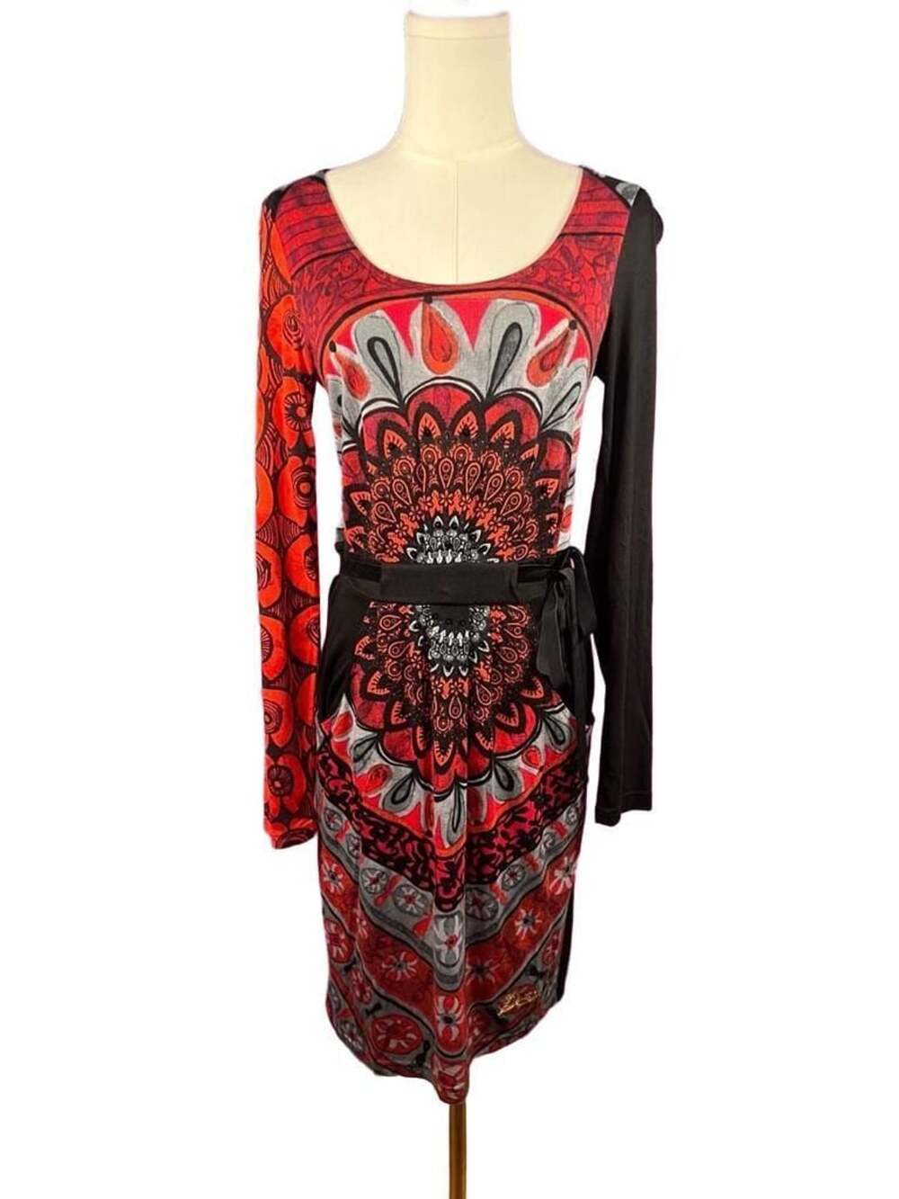 Desigual Red Black Abstract Floral Print Belted Midi Dress Long Sleeve Size S
